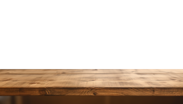 一张深棕色空木制桌子的正面视图，背景透明，作为空白木桌模型，人工智能生成