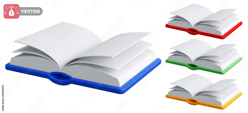 Open book icon set. Open paper books with colored covers, isolated on white background. Notebook wit