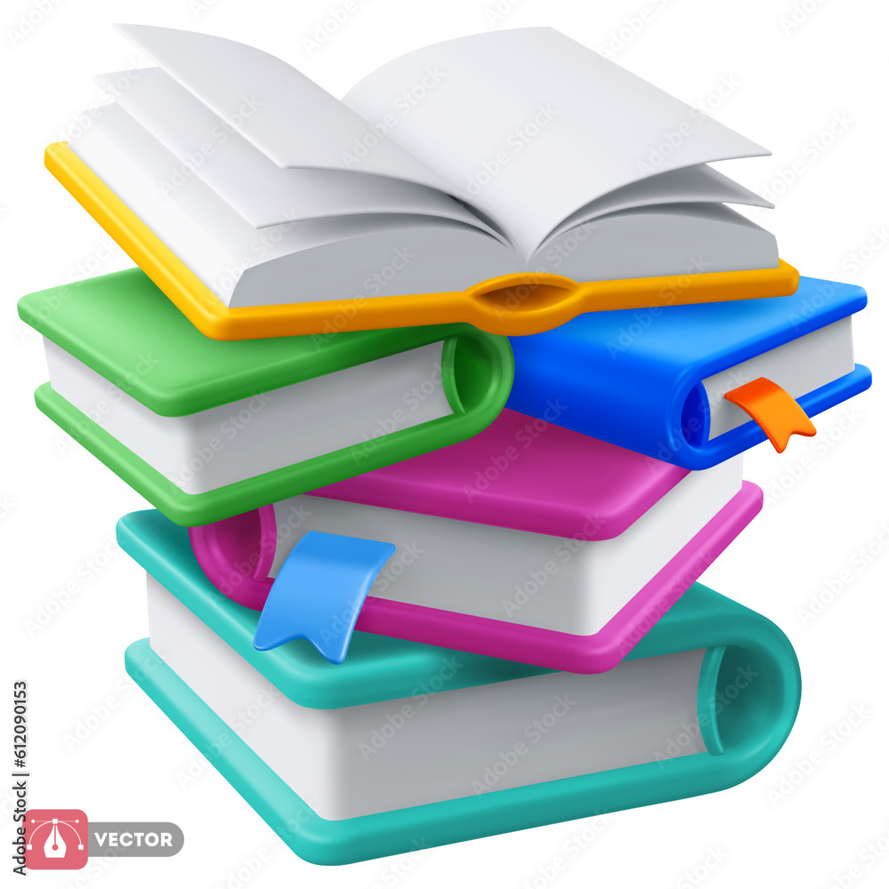 Books stack with bookmarks, color covers and open book on the top. Online education concept. Isolate
