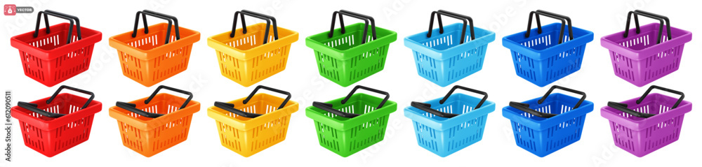 Empty shopping basket icons set. Realistic 3d shopping cart in different colors, red, orange, yellow