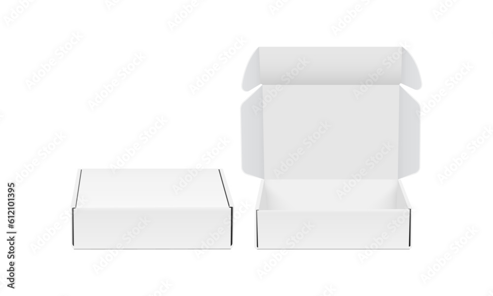 Blank Packaging Boxes, Opened, Closed, Front View, Isolated on White Background. Vector Illustration