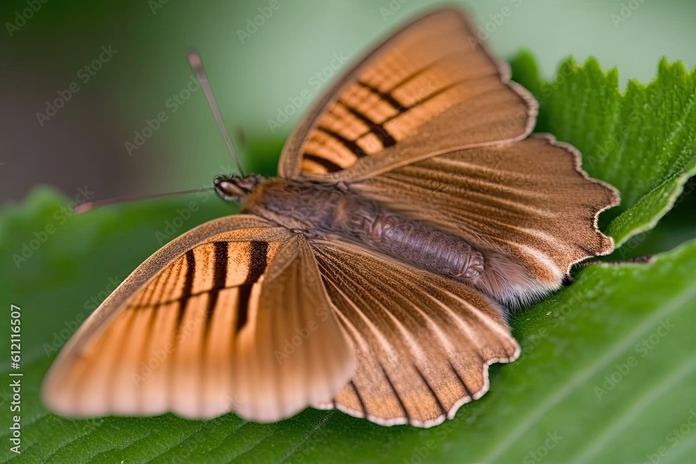 butterfly perched on a green leaf in a close-up view. Generative AI