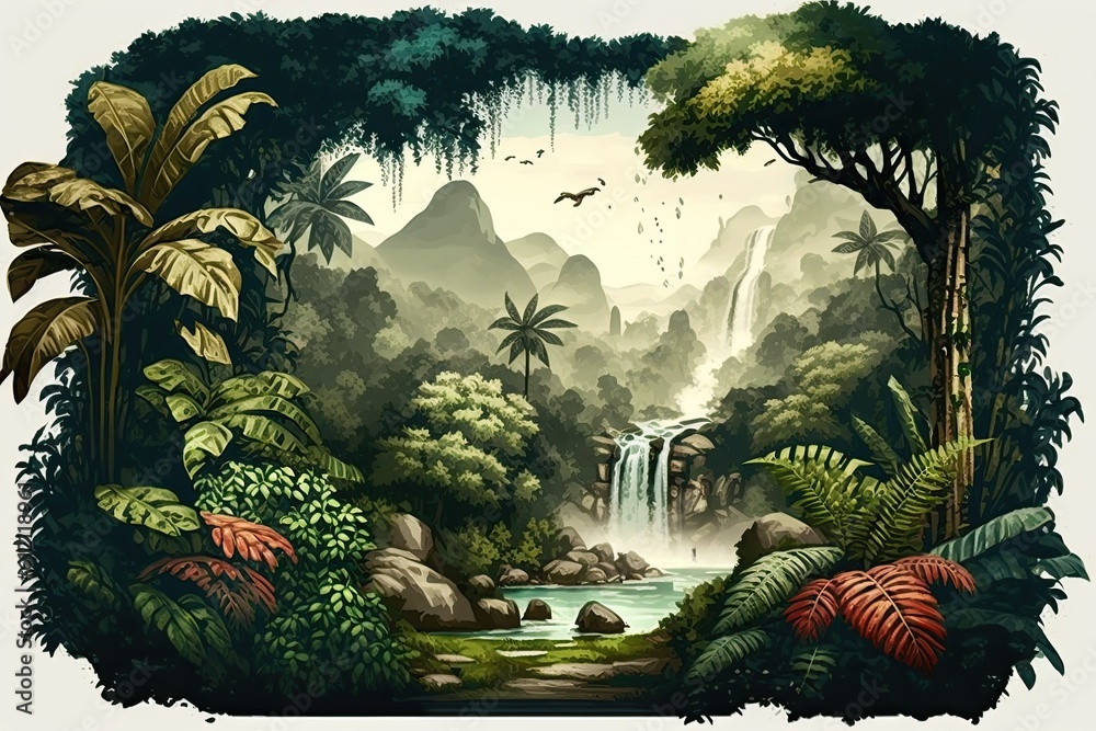 lush jungle with cascading waterfall in vibrant colors. Generative AI