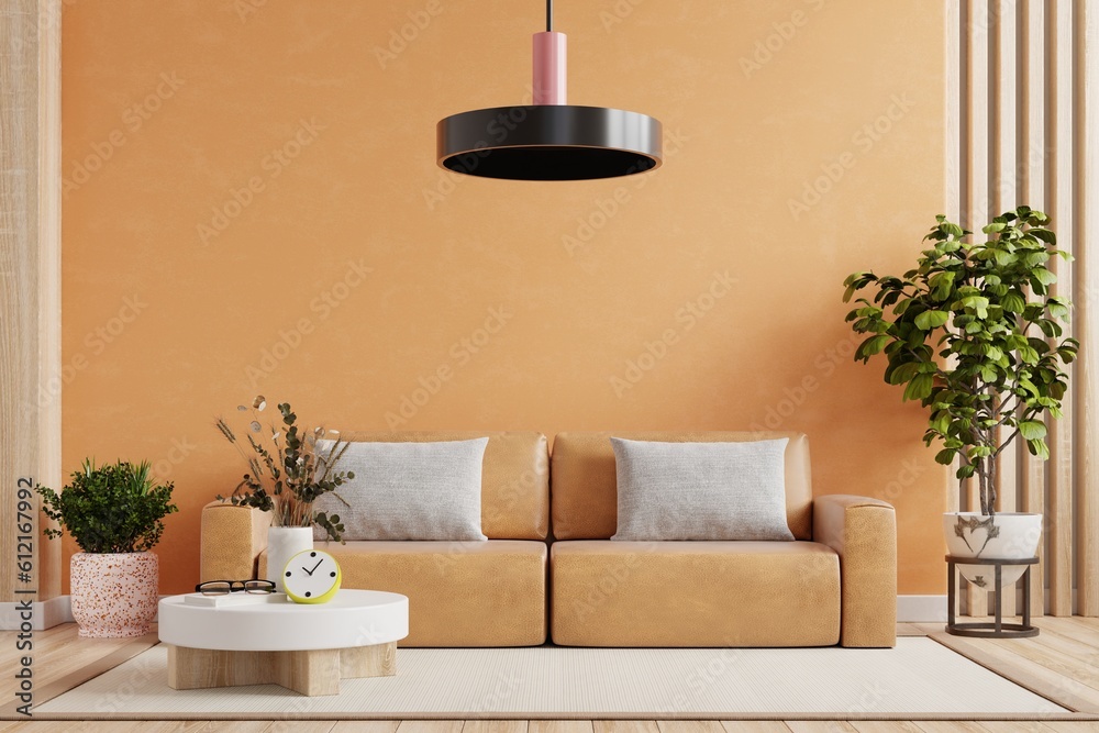 Bright and cozy modern living room wall mockup with leather sofa and decor on white background.3d re