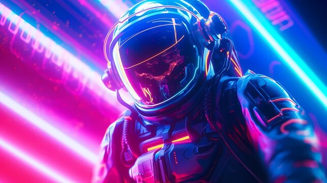 Sci-fi Retrowave space illustration of science fiction scene with mysterious astronaut figure in space suit surrounded by glowing neon tube lights. Generative Ai.