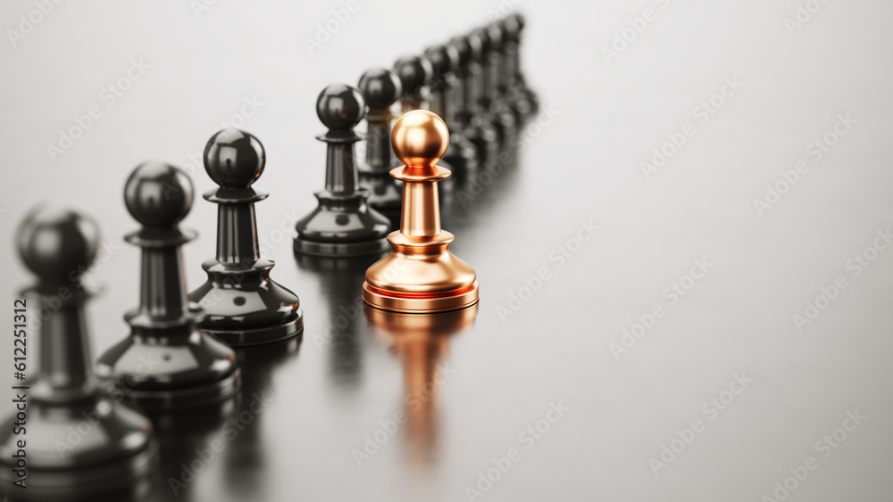 Golden chess pawn standing out from the crowd of black pawns - Leadership concept