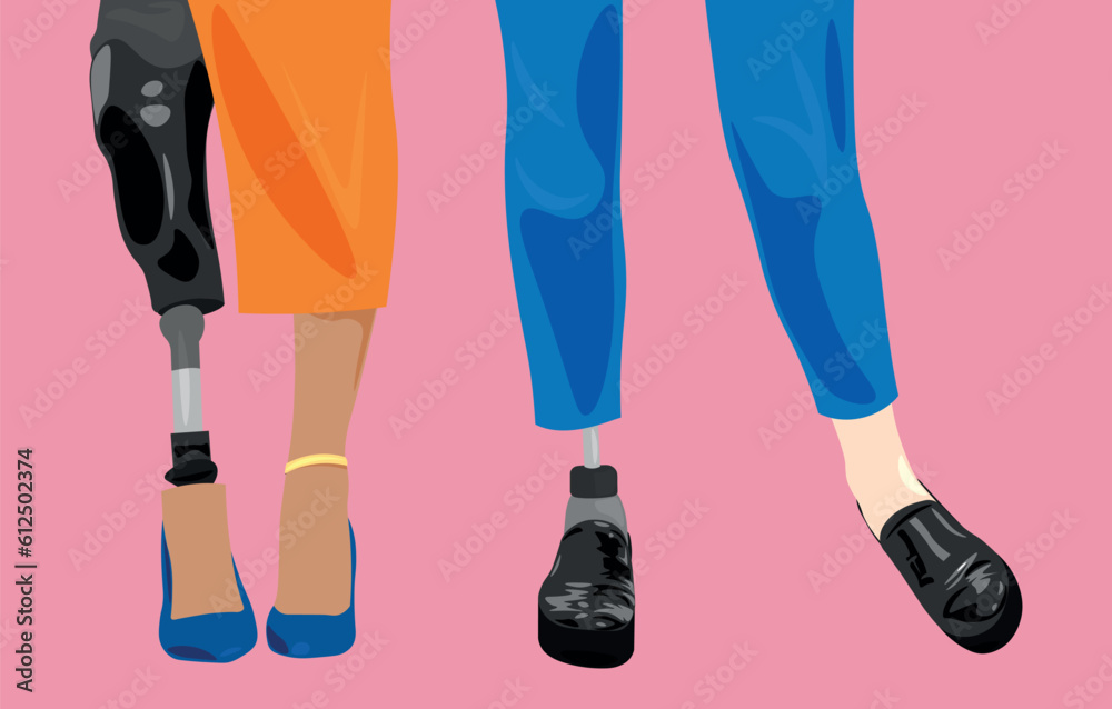 Women with prosthetic legs on pink background
