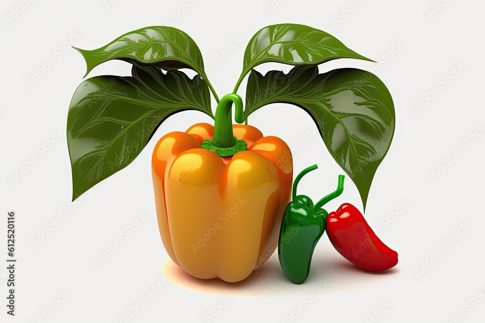two fresh peppers and a pepper plant on a white background. Generative AI