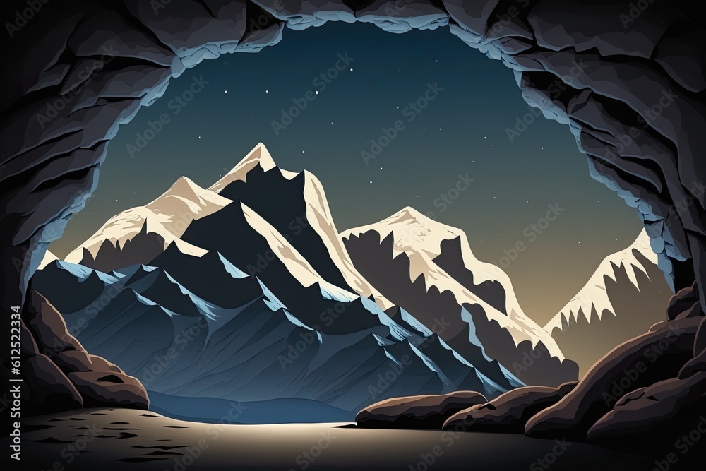 cave entrance with a stunning mountain range in the background. Generative AI