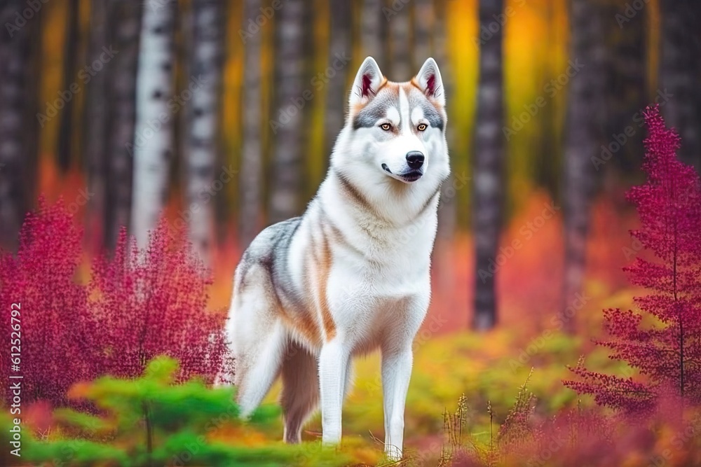 majestic husky dog standing in a serene forest setting. Generative AI