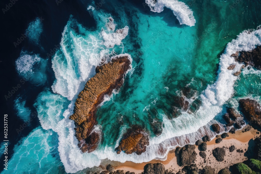 aerial view of rocky ocean coastline. Generative AI