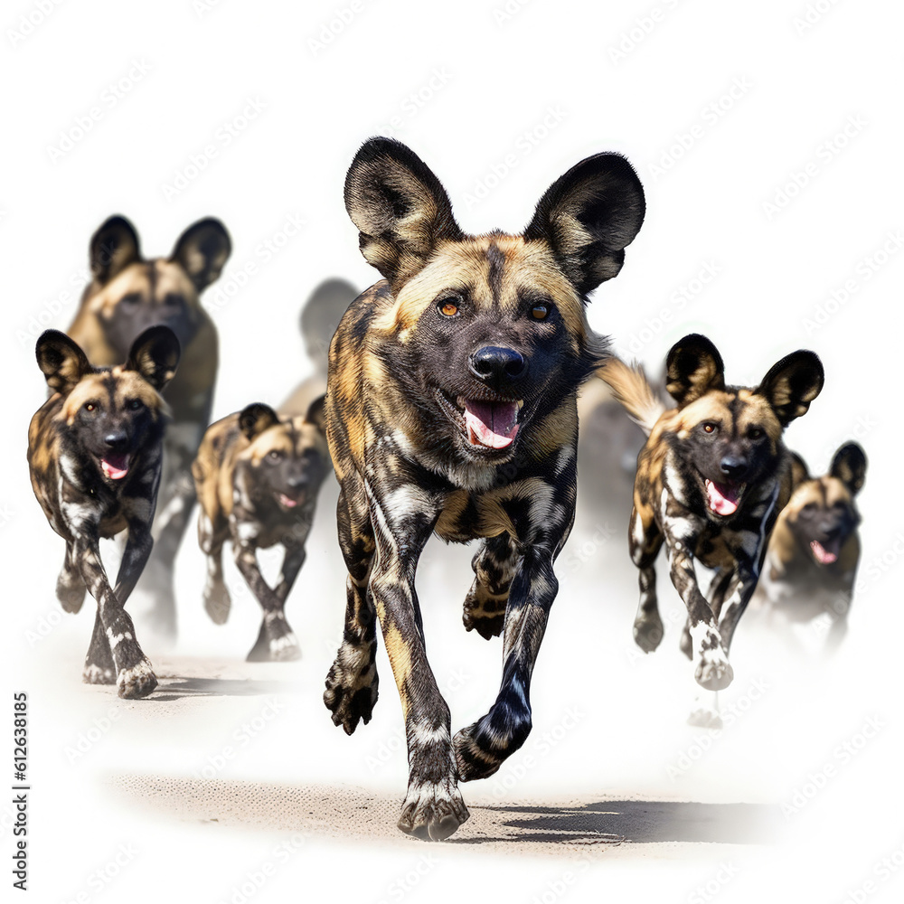 African Wild Dog (Lycaon pictus) running with pack