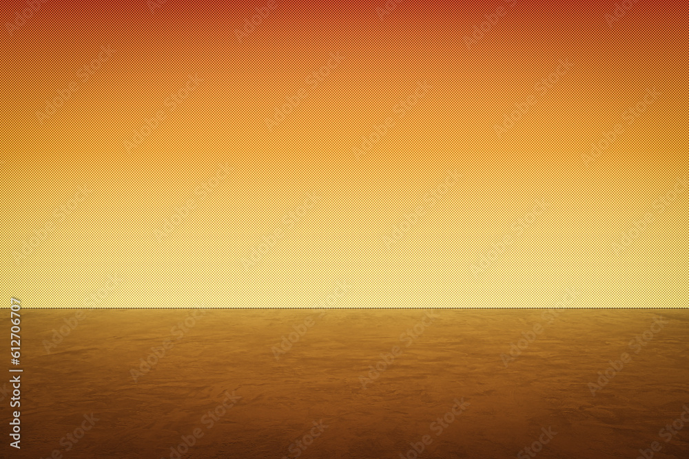Blank orange light wall and concrete floor background. 3D Rendering