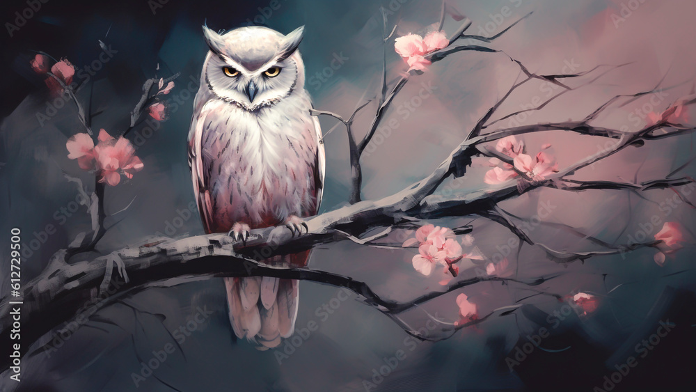 Beautiful owl sitting on a branch of a blossoming sakura. Generative AI.