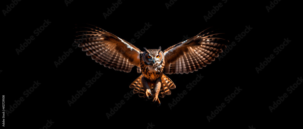 Owl in flight isolated on black background with copy space. Generative AI.