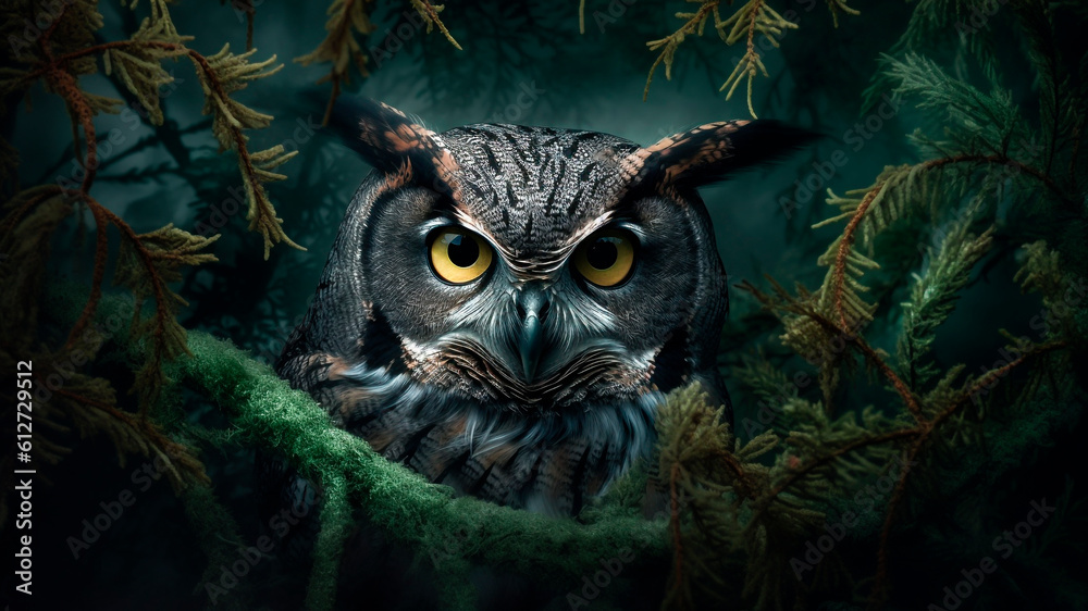 Fantasy portrait of an owl on a dark forest background. Generative AI.