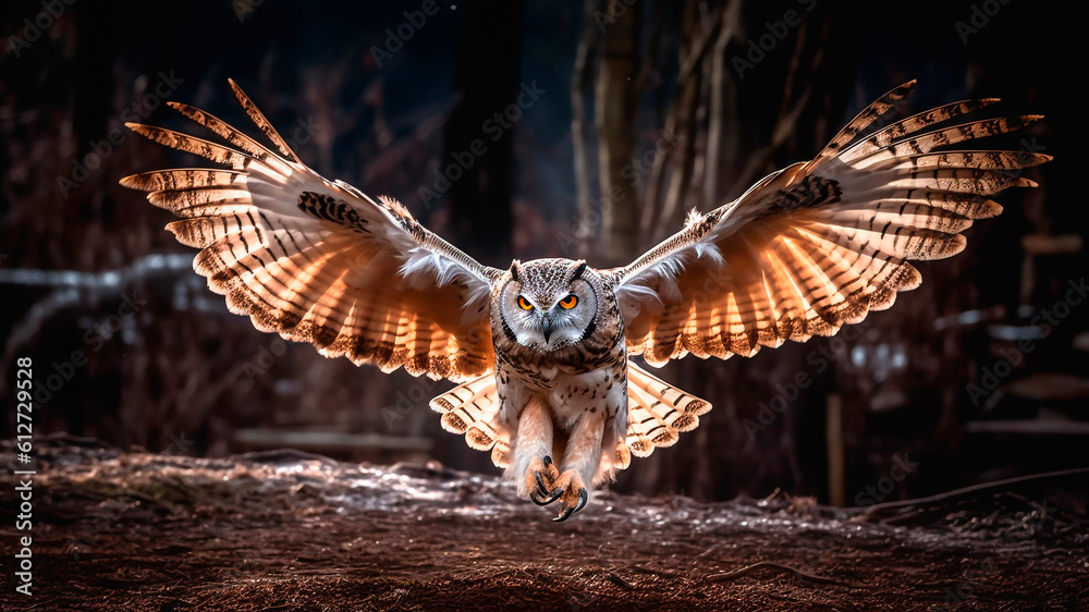 Beautiful owl taking flight in the forest at night. Generative AI.