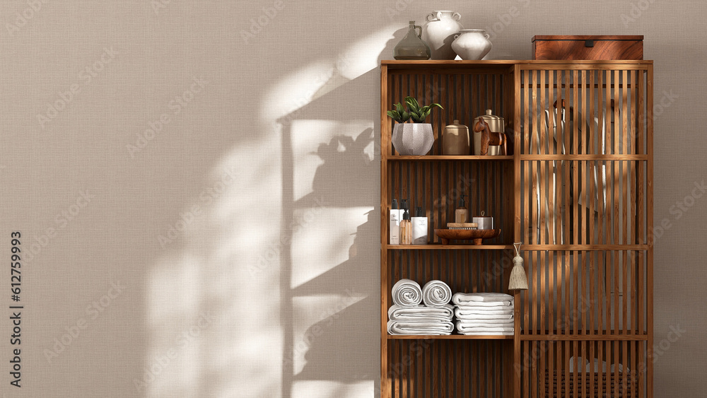 Natural brown bamboo wood wardrobe, shelf in sunlight, shadow on blank beige fabric texture wallpape