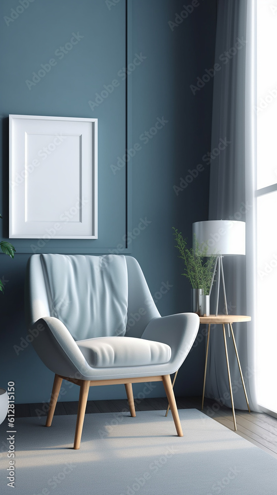 Blank picture frame mockup on blue wall. Modern living room design. Instagram Story, generative AI