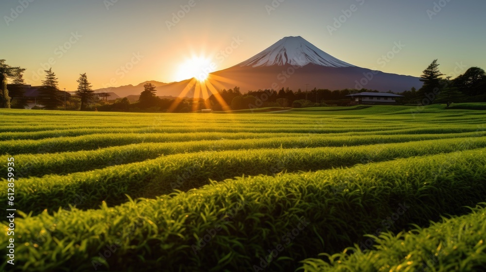 Mountain Fuji. Green tea plantation near Mount Fuji, Shizuoka Prefecture,Japan. Generetive Ai