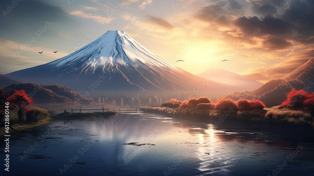 Mount Fuji with sun. Mountain Fuji. Generetive Ai