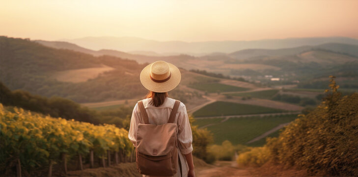 Woman walking in a hills with vineyards at sunset, travel and active lifestyle concept, created using generative AI tools