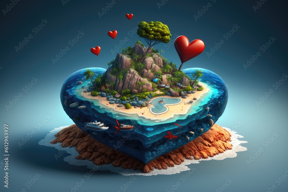 heart-shaped island floating in the middle of a turquoise ocean. Generative AI