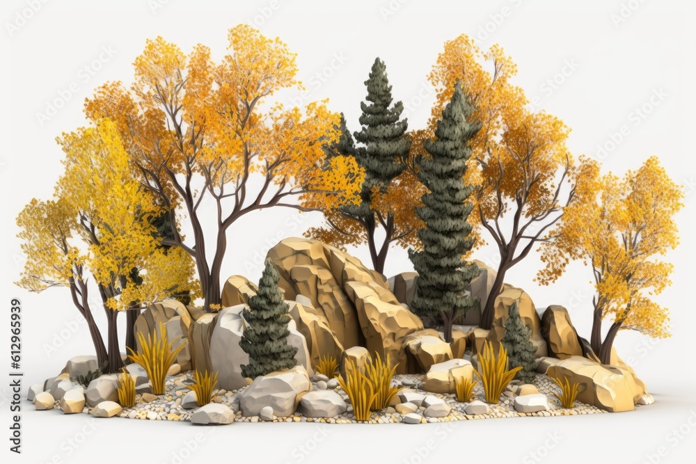 serene forest landscape with rocky outcroppings. Generative AI