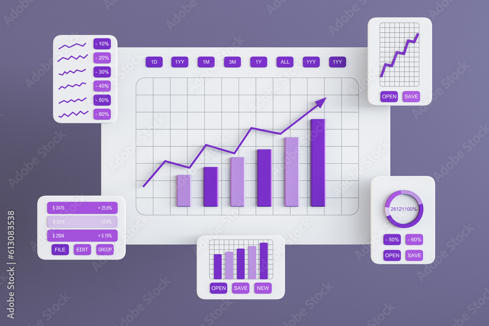 Stats data and digital marketing concept with front view on white graphic window cards with purple p