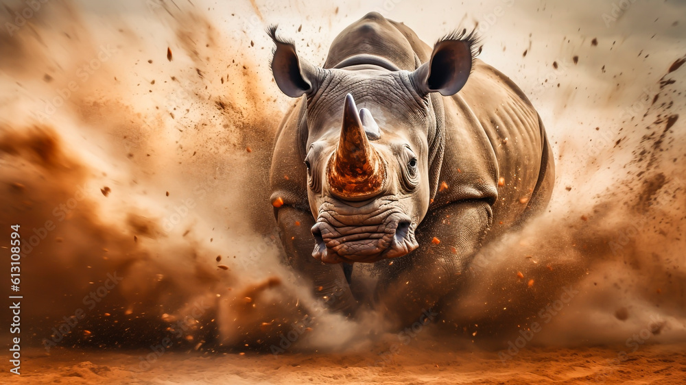 A wild rhino running on african savanna. Generative AI.