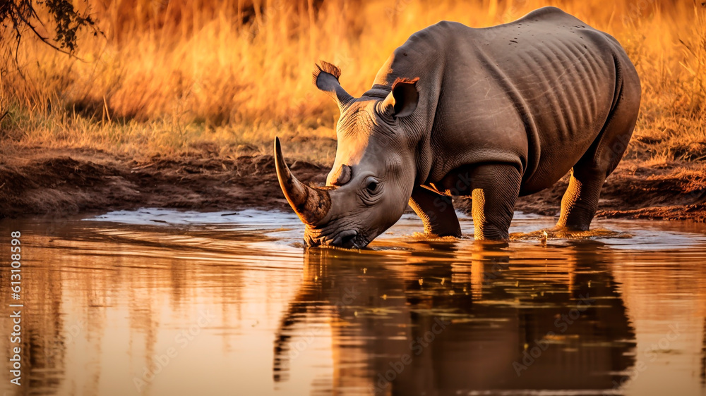 A wild Rhino drinking water in a lake in the African savanna. Generative AI.