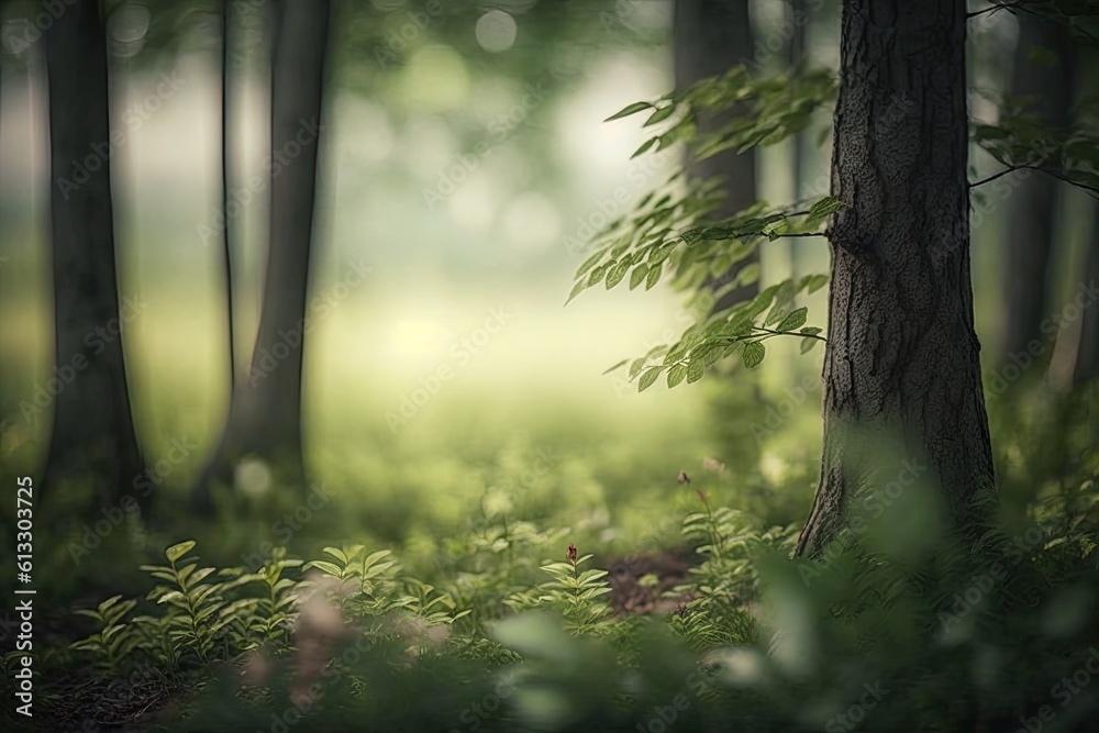 misty forest landscape with tall trees and green foliage. Generative AI
