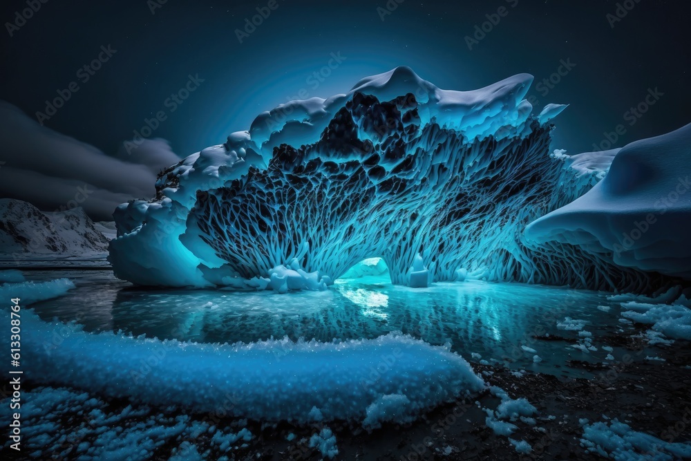 massive iceberg glowing under a blue light in the dark ocean. Generative AI