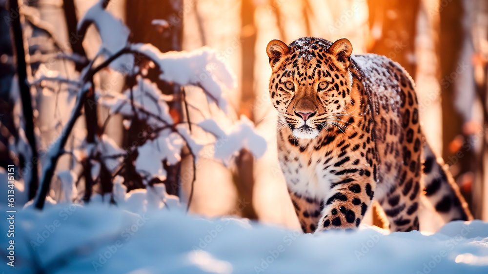Beautiful Amur Leopard in snowy forest at sunset. Wildlife scene from nature. Generative AI.