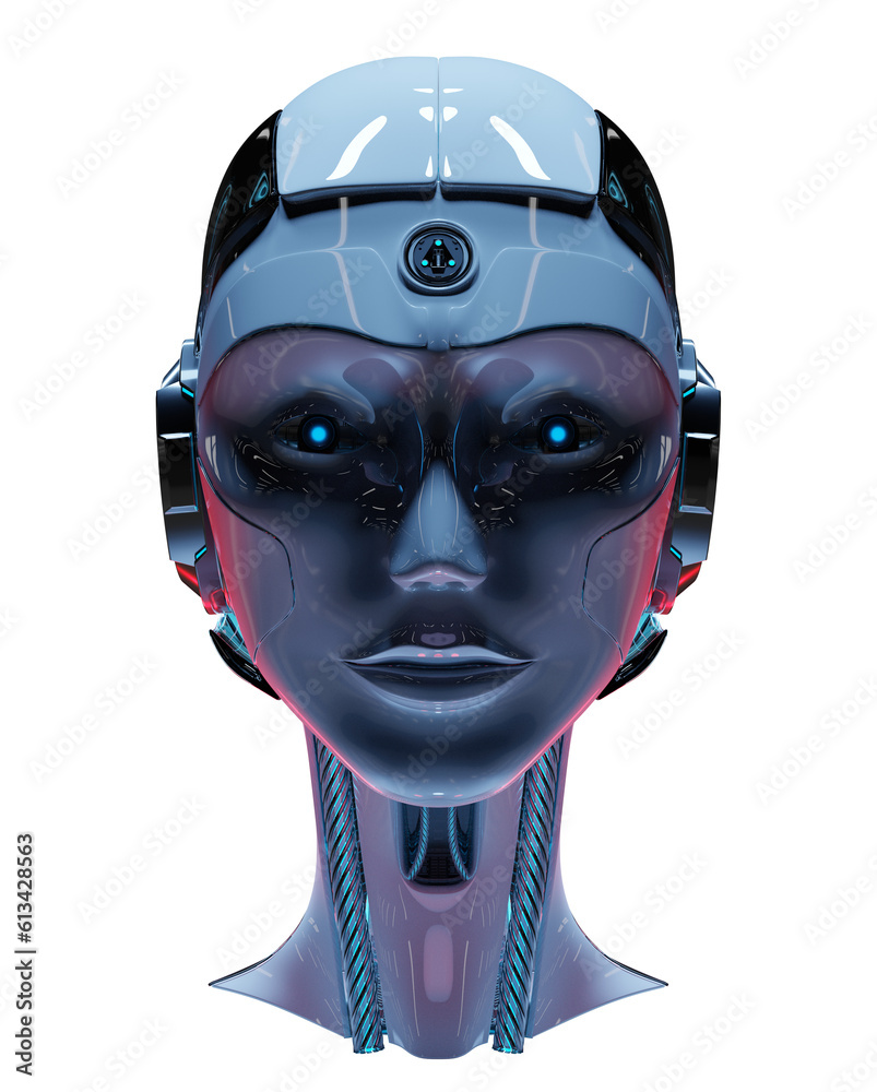 Isolated woman robot head with modern studio lights. 3d rendering of cyborg humanoid female face on 