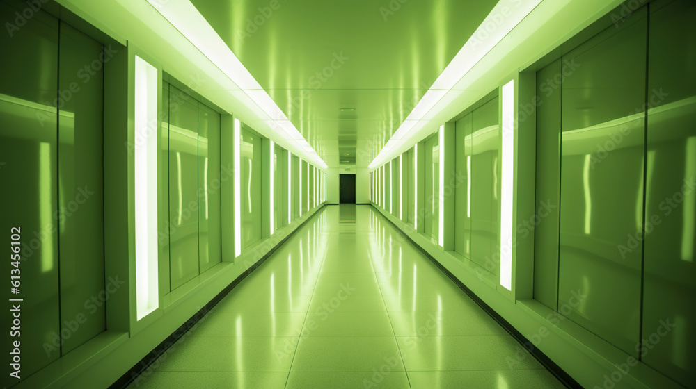 Green abstract futuristic tunnel with neon lines. Generative AI