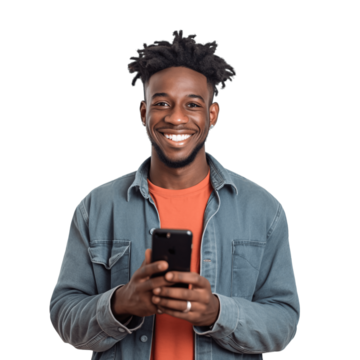 一位帅气年轻的黑人男子手持手机的肖像。在透明背景上孤立呈现。无背景。