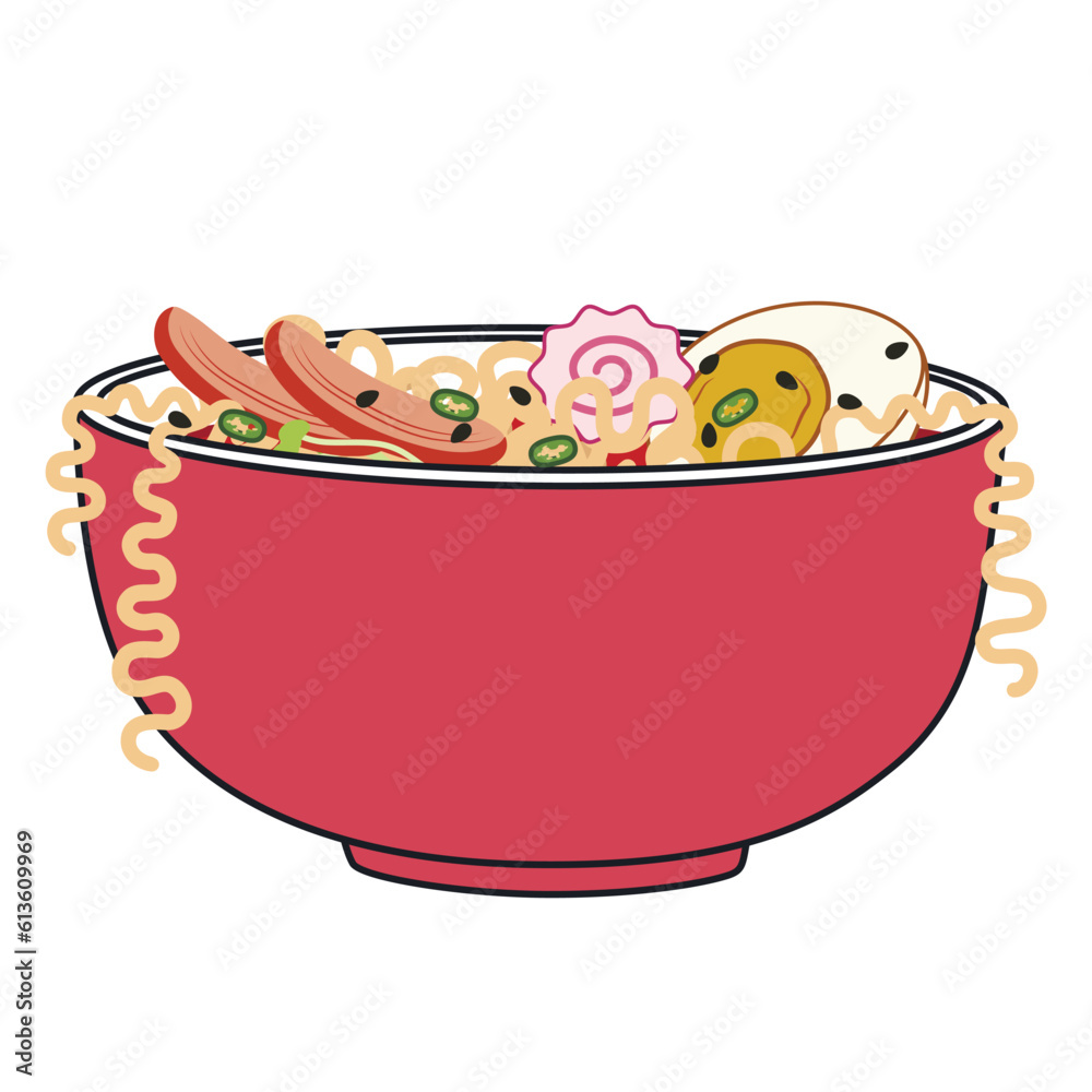 Bowl of tasty ramen soup on white background