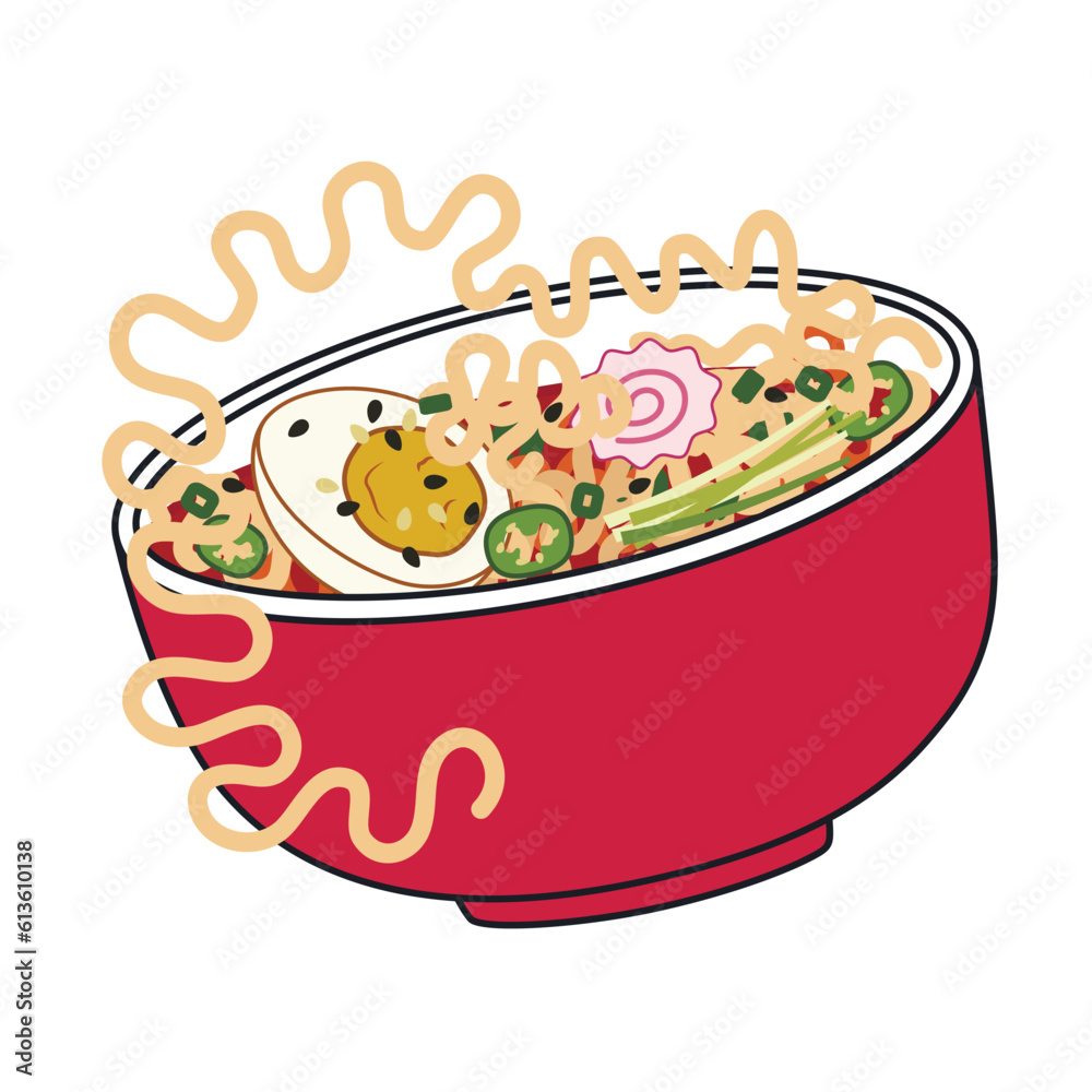 Flying bowl of tasty ramen soup on white background