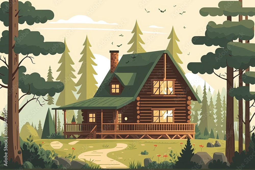cozy cabin in the middle of a forest with a path leading to it. Generative AI