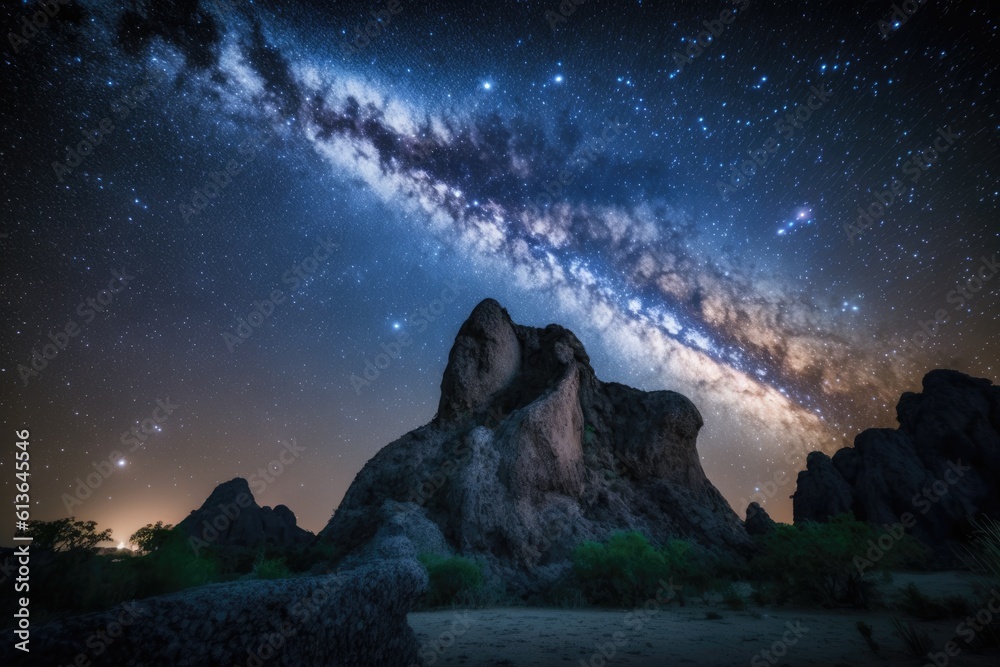 breathtaking view of the Milky Way galaxy shining in a starry night sky. Generative AI