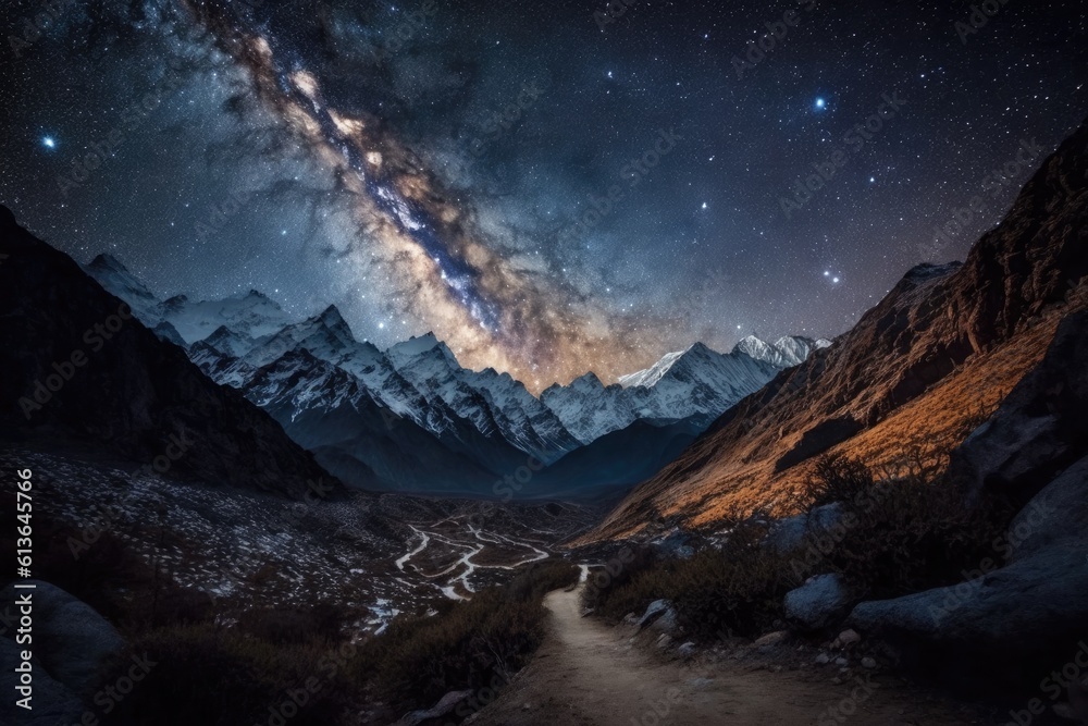 starry night sky with the Milky Way galaxy shining above a mountain range. Generative AI