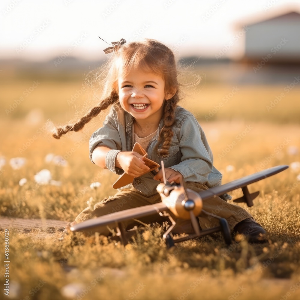 Little child girl plays with toy plane outdoor, flight concept.