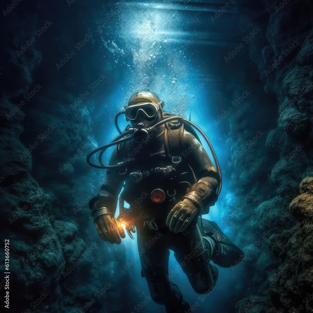 Diver explores the cracks, Crevices and holes in a coral reef in a deep ocean cavern.