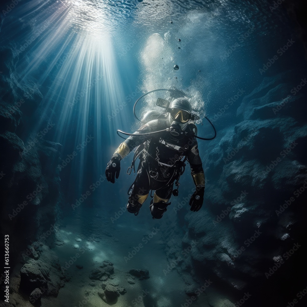 Diver underwater, Depth, Diving exploration in the sea.