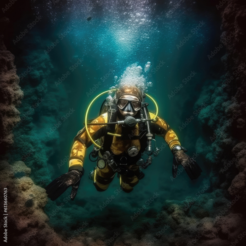 Scuba divers in the ocean, Underwater exploration.
