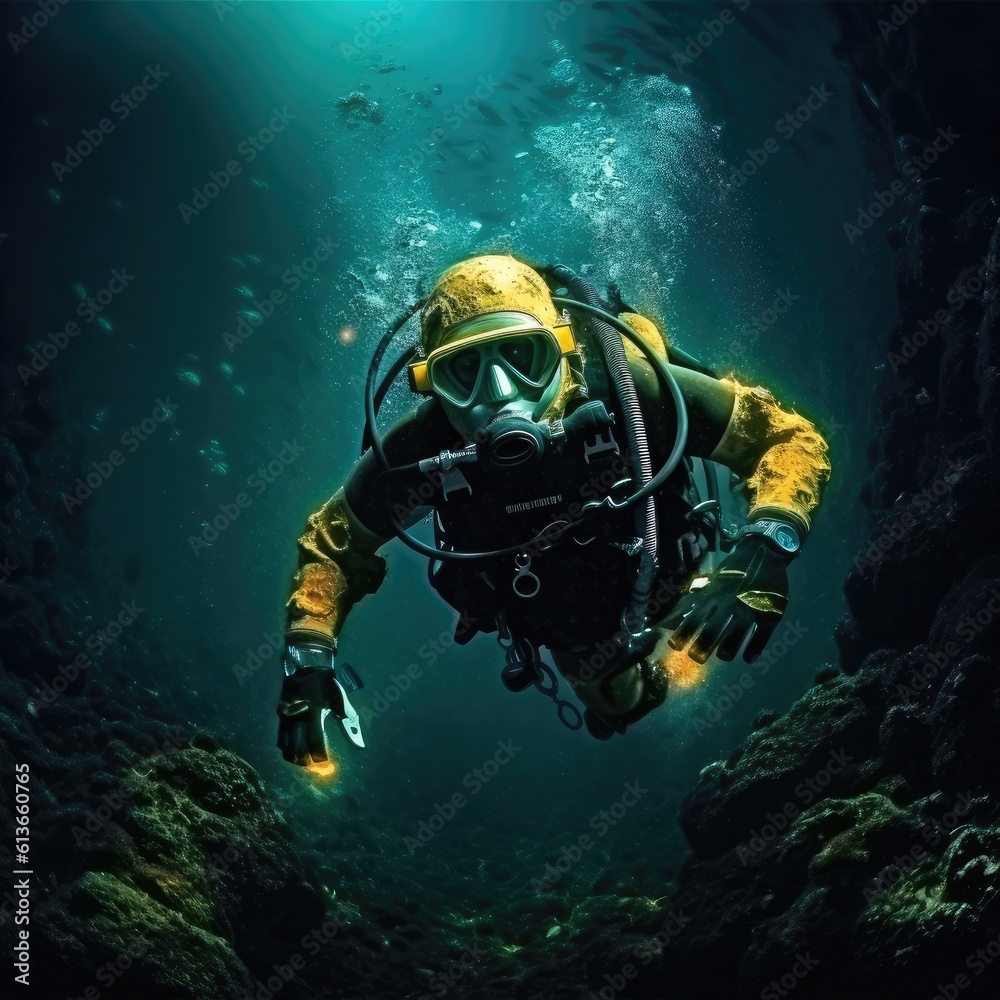 Diver explores the cracks, Crevices and holes in a coral reef in a deep ocean cavern.