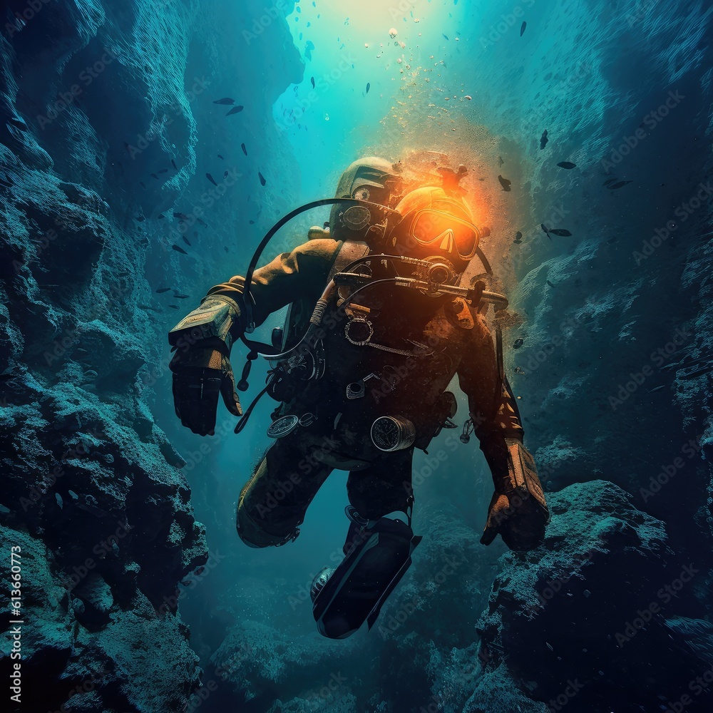 Diver underwater, Depth, Diving exploration in the sea.