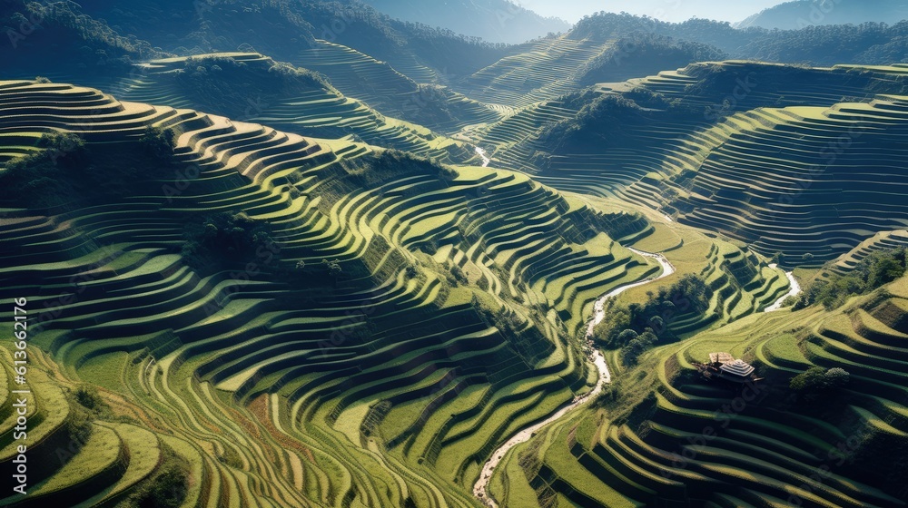 Terraced rice, Landscape of the terraced rice fields at Mugang Chai during the farming season in Vie