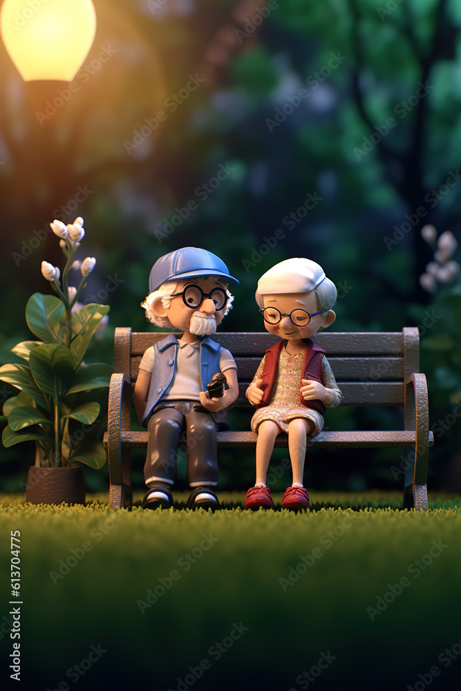 A pair of old couples produced in AI take a walk and chat in the park